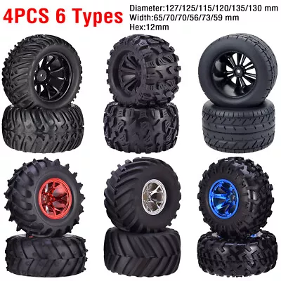 4PCS 12mm Hub Wheels Tires 1:10 Off Road RC Car Monster Truck Tyre Foam Inserts • £23.48