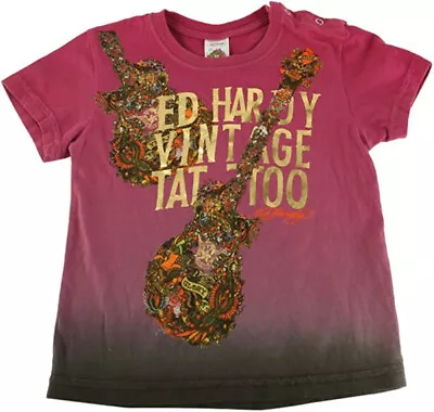 Ed Hardy Toddler Boys Size 2t Vintage Guitar Tattoo Collage Ss Purple T Shirt • $24.50