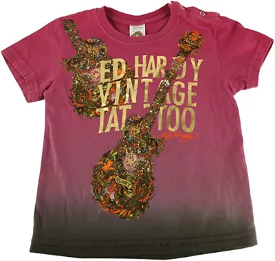 Ed Hardy Toddler Boys Size 3t Vintage Guitar Tattoo Collage Ss Purple T Shirt • $24.50