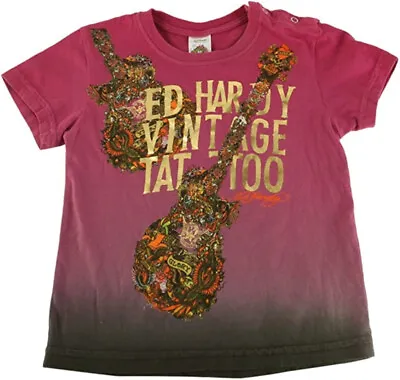 Ed Hardy Toddler Boys Size 4t Vintage Guitar Tattoo Collage Ss Purple T Shirt • $24.50