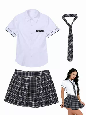 UK Women Sexy School Girl Uniform Dress Plaid Outfit Fancy Dress Student Costume • £8.59