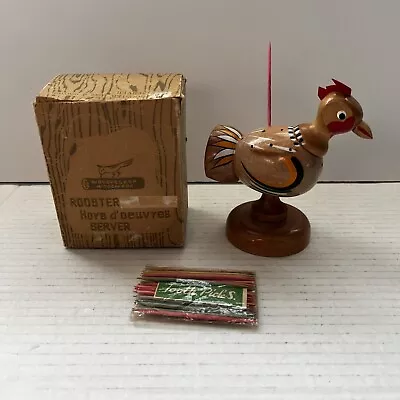 VTG Wood Rooster Hors D' Oeuvres Toothpick Holder Woodpecker WoodWare Server MCM • $17.80