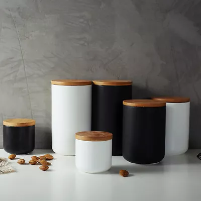  White Bamboo Ceramic Storage Jars Food Containers With Lids • £22.35