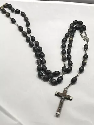 Rosary Beads Catholic Oversized Black Wood 30”Habit Jesus Crucifix Italy • $29.99