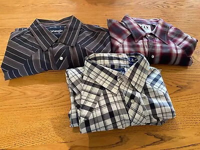 Lot 3 Western Pearl Snap Plaid Shirts Wrangler + Ely XLT Blue Brown Black-READ • $22.95