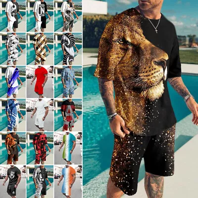 2PCS Mens 3D Print Crew Neck Tracksuit Set Summer Beach Outfits Tops Shorts Set • $25.36