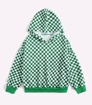 Womens Size 6-8 Green Checkered Pullover Jumper Hooded Sweatshirt Hoodie S New  • £14.95