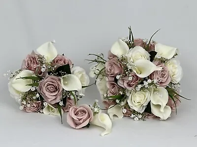 Wedding Bouquets Gypsophila Silk Ivory Rose Brides Posy Bridesmaid Flowers Lilys • £7