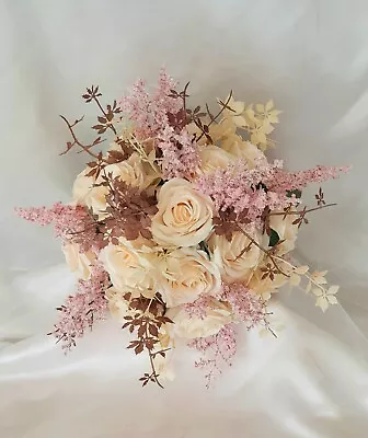 Silk Cream Rose Dried Look Pink Cream Brown Leaves Wedding Bridal Flower Bouquet • $119