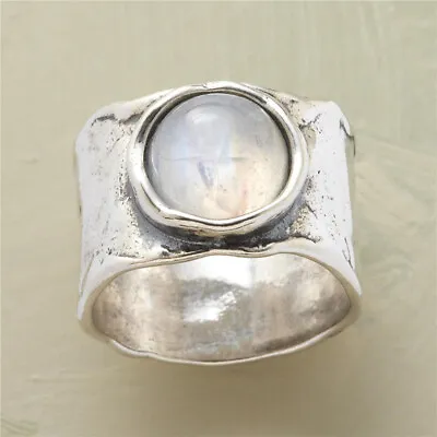 Mens Vintage Silver Boho Moonstone Wide Ring Punk Rock Rings Party Jewelry Gift • $2.06