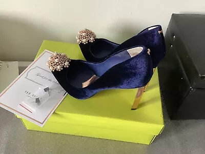Ted Baker Excellent Condition PEETCH Blue Velvet Rhinestone Shoes Boxed Size 4 • £40