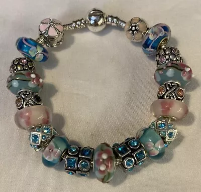 Cherry Blossoms European Charm Bracelet Murano Glass Pinks Turquoise Silver • $29.99