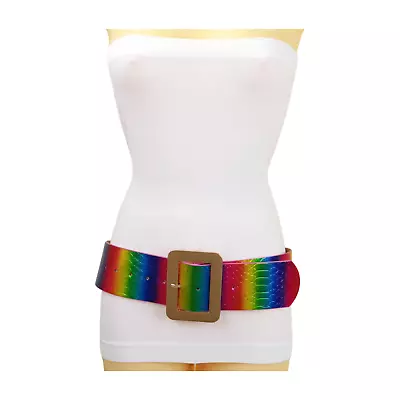 Women Rainbow Wide Metallic Gay Pride Colors Band Belt Gold Square Buckle S M • $19.90