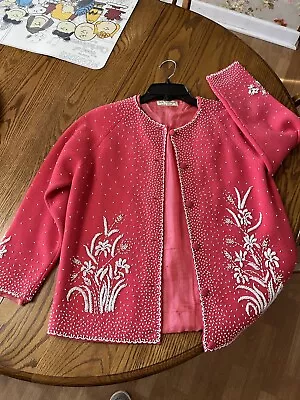 Vintage Fully Fashioned Bead Embroidered Cardigan Sweater Wool Dark Pink As-Is • $16.50