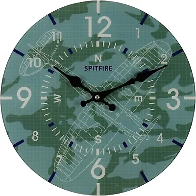 RAF Spitfire Bluerprint Glass Wall Clock 30cm • £14.99