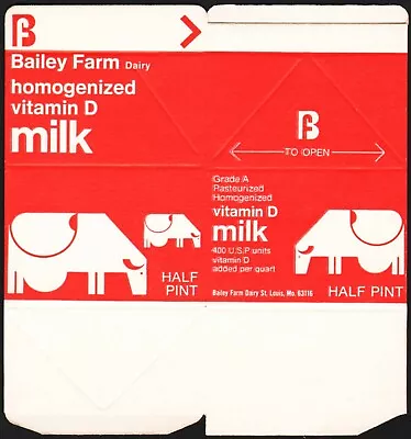 Vintage Box BAILEY FARM DAIRY Vitamin D Milk Carton St Louis Missouri Unused • $5.94