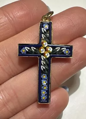 Vintage Venetian Micro Mosaic Glass Blue Forget Me Not Flower Cross Pendant PC17 • $35.09