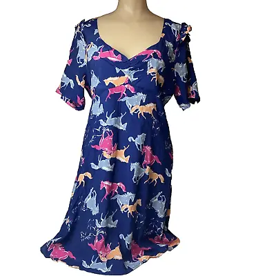 Modcloth Dress Womens L Stampede Horses Novelty Print Retro Rockabilly Blue New • $14.75