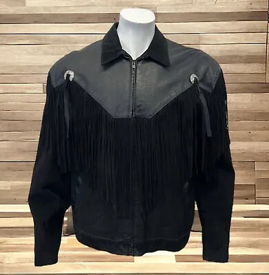 Vintage 80's Scully Black Leather Fringed Western Cowboy Jacket RARE Size 44 • $199.99