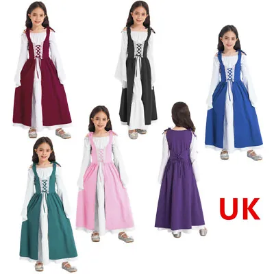 Kids Girls Medieval Renaissance Style Dress Up Costumes Square Neck Dressese • £47.51