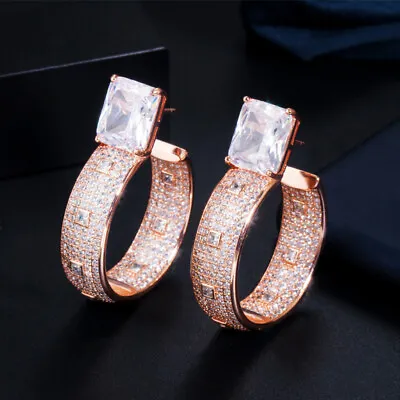 Luxury Designer Micro Pave CZ Rose Gold Large Round Drop Hoop Earring For Women • $13.44