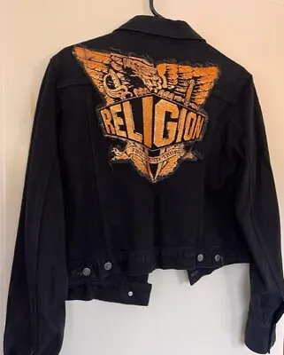 RELIGION Black Denim Jacket With Gold Motif SIZE 4 (12-14) • $50