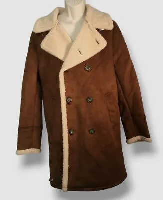 $352 Guess Men's Brown Long Coat Button Up Faux-Shearling Overcoat Jacket Size M • $98.38