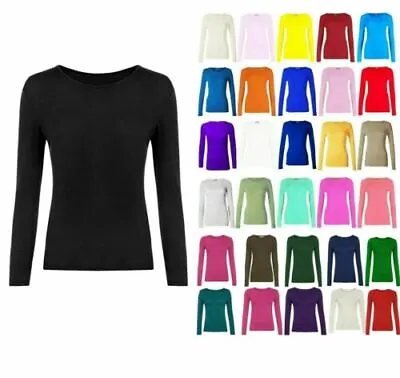 Girls Kids Plain Basic Long Sleeve Round Neck T-shirt Stretch School Tee Top • £5.49