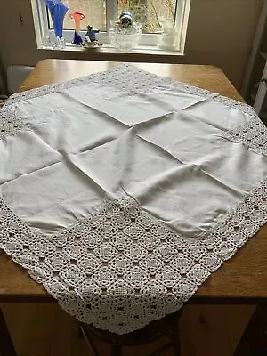 White Hand Crocheted Laced Edge Tablecloth Vintage 118 Cm Cotton Square • £16