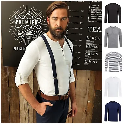 £16.25 • Buy Mens Long Roll Sleeve Barista Shirt Top Henley Grandad Collarless Button Breton