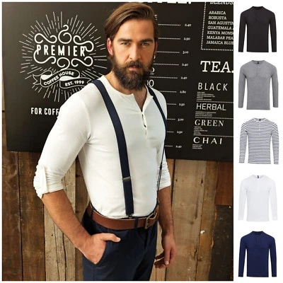 £16.25 • Buy Mens Long Roll Sleeve Barista Shirt Top Henley Grandad Collarless Button Breton