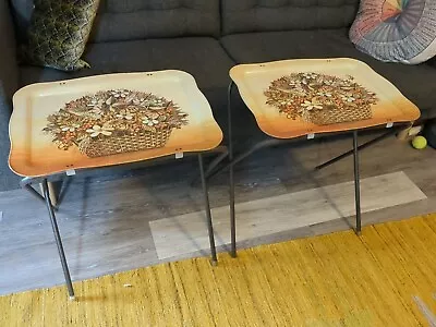 Vintage TV Trays Set Of Two Retro Brown Orange Floral Folding • $38