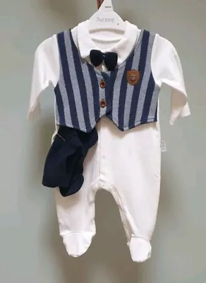 Baby Boy Special Occasion Wedding Bow Tie Waistcoat Hat Babygrow Suit O-3 Month • £5.99