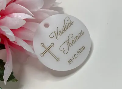 Christening Baptism White Acrylic Gold Writting Acrylic Tags Bomboniere Favours • $19.95