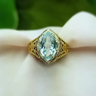 14K Yellow Gold Marquise Synthetic Aquamarine Filigree Ring-Vintage-10mm • $199