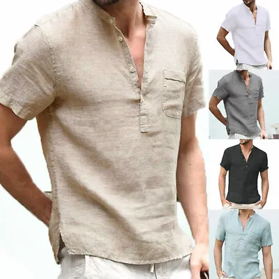 Men's Casual Blouse Cotton Linen Shirt Short Sleeve Summer Button-Down Shirts @ • $13.82