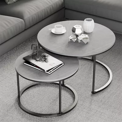 FATIVO Nesting Real Marble Coffee Table Grey Semi Circle Accent Dual End Tables • £139.90