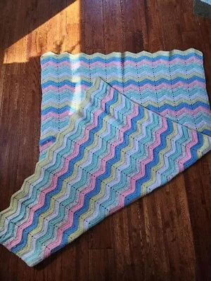 Pastel Baby Blanket Chevron Afghan Crochet Pastels Clean Soft Vtg 40” X 52” • $14.99