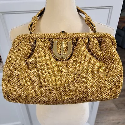 JR USA 60s Double Top Handle Handbag With Coin Purse Golden Brown Tweed Burlap • $36.99