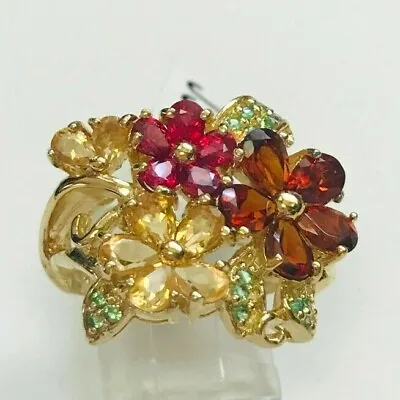 $139.95 • Buy NWT ~ Madeira,Golden,Green Citrine & Ruby Flower Ring 18k Y/G 925 Sterling 