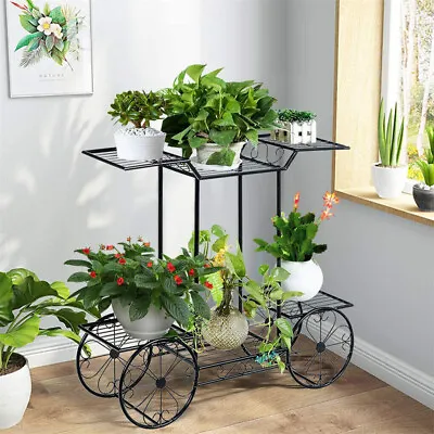 Flower Cart Metal Garden Plant Stand With 4 Decorative Wheels For Indoor Outdoor • $39.95