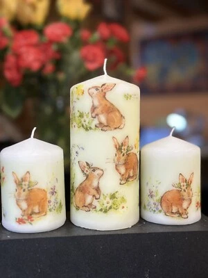 £17 • Buy SWEET LITTLE BUNNIES Design HAND DECORATED PILLAR CANDLES SET OF 3