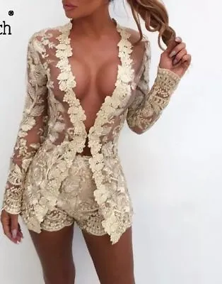 GOLD Embroidered Co Ord Set 2 Piece Shorts Blazer Crochet Lace Jacket 8 10 • £84.99