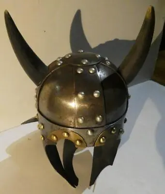 Vintage Medieval Viking Steel & Brass Riveted Armor Stag Horned  8  Helmet • $64.99