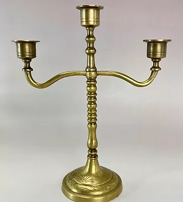 Brass Candelabra 3 Arm Candle Holder 8” Etched Base MCM Decor  • $18