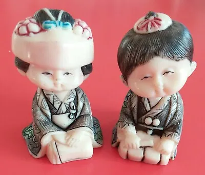 2 Vintage Retro 1950-70s Sitting Japanese Figures Ivory-Resin Carved Geisha Man • £12