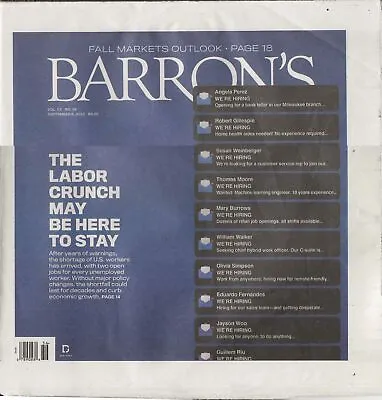 Barron's Weekly Paper -  Workers Shortages - September 5 2022 • $6.99