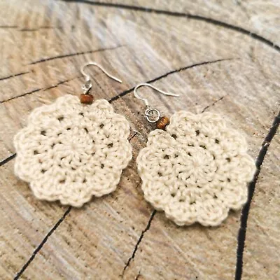 Cream Flower CROCHET Cotton With Wood BEADS Dangly Earrings Boho Handmade  • £4.20