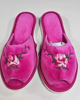 Vintage Dearfoams Slippers Slides  Pink With Roses  Womens 5-6   • $18.99