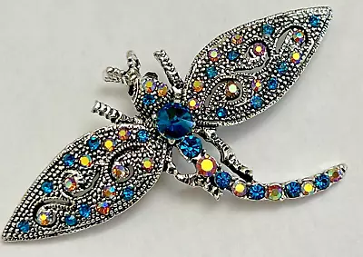 Vintage Dragonfly Insect Blue Rhinestone Brooch Pin Filigree Antiqued Color Bug • $12.90